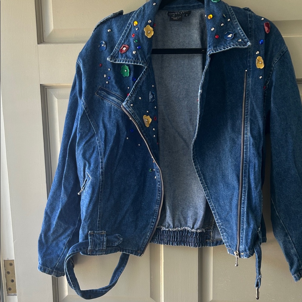Carole Little Blue Denim Moto Jacket with Colorful Flower Embellishments